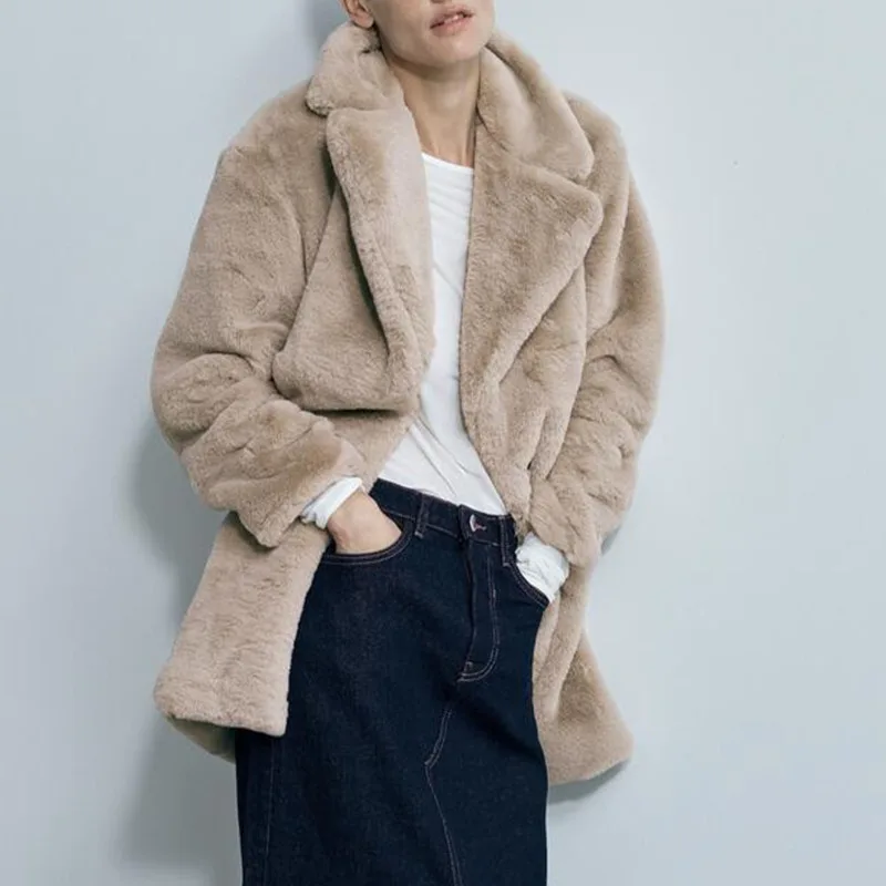 

Za Women Plush Solid Color Coat Overcoat Winter Loose Long Sleeve Warm Plush Jacket Coats Fashion 2021 Casual Street Jacket Coat