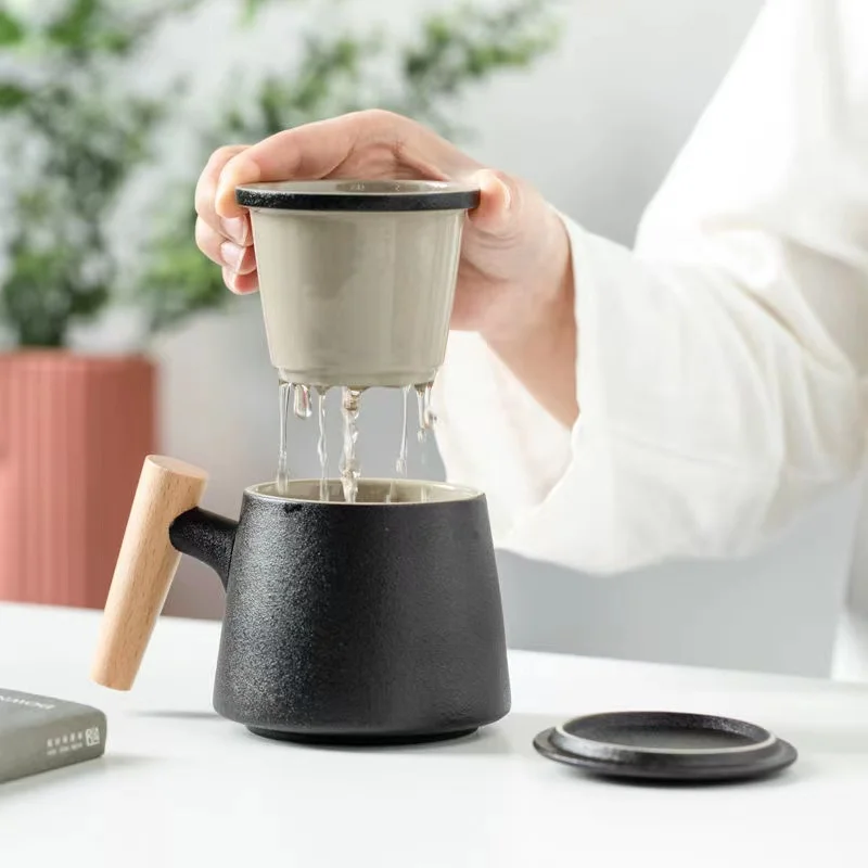 

300ml New Style Tea Water Separation Filter Ceramic Mark Cup Creative Wooden Handle Office Practical Filter Residue Coffee Mug