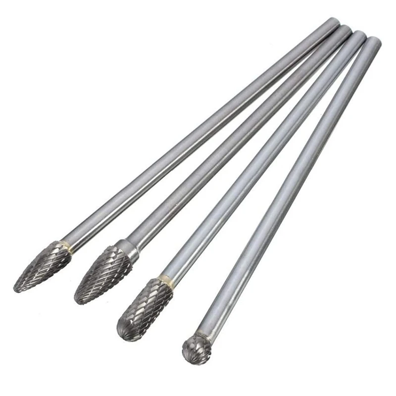 

4Pcs 1/4 Inch Shank Tungsten Carbide Rotary Burr Set 6 Inch Long Double Cut Head Rotary Files for Woodworking