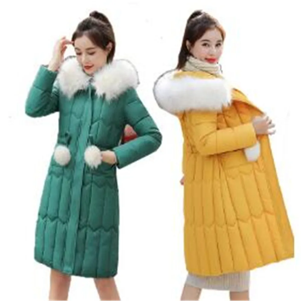 

Fashion Hooded Fur Collar Women's Down Cotton Padded Winter Warm Mid-Length Slim Jackets Coats Outwear Overcoats