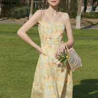 birthday floral party midi dress yellow sweet cottagecore beach summer sundress 2021 for women print evening elegant strap dress