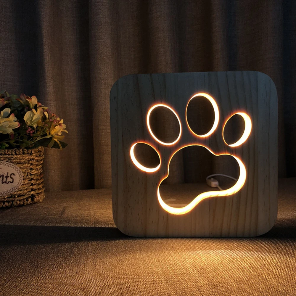 Светодиодный креативный ночник с USB, деревянная лампа в виде собачьей лапы, волка, украшение для детской спальни, теплсветильник светильник,...