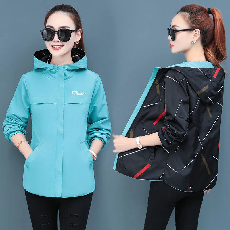 Printed hooded jackets women Spring casual loose plus size outwear two side wear M-4XL Windbreaker coats Korean style tops