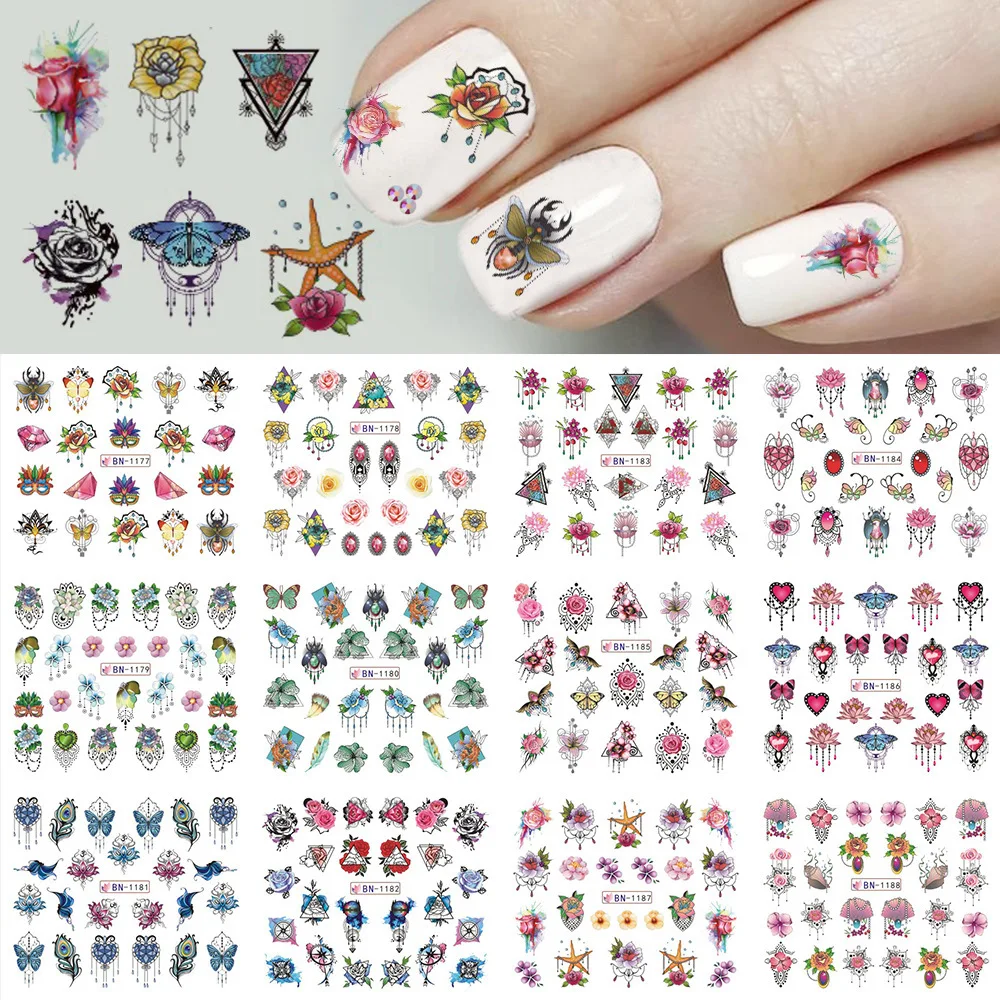 

Nail Stickers Water Transfer Elegant Butterfly Flowers Designs 12Pcs/Set Nail Decal Decoration Tips For Beauty Salons