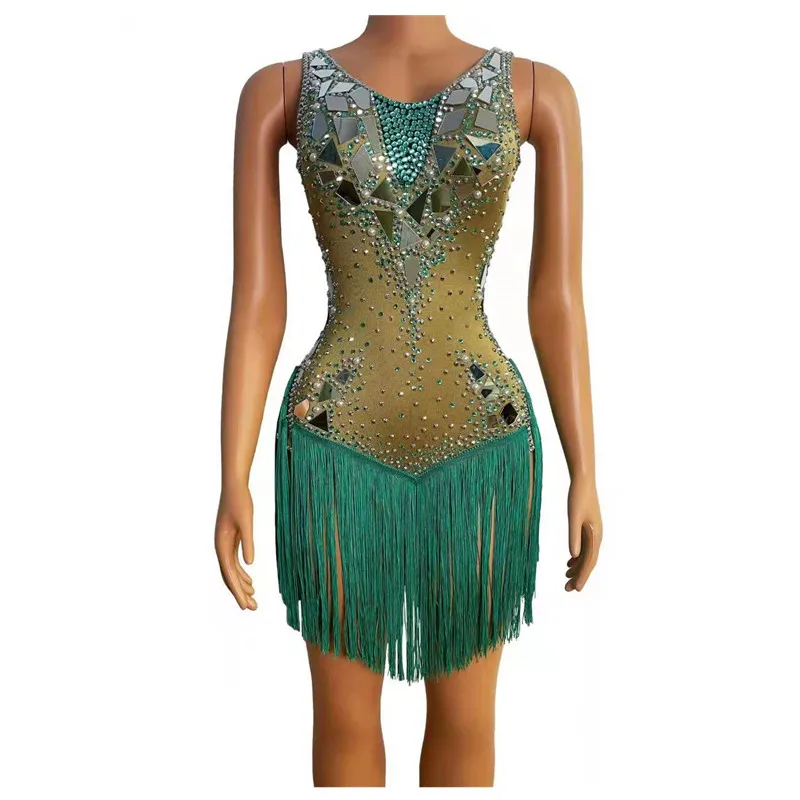 

Green Fringes Rhinestones Mirrors Dress Women Birthday Celebrate Stretch Spandex Tassels Dance Bodysuit Singer Latin dresses