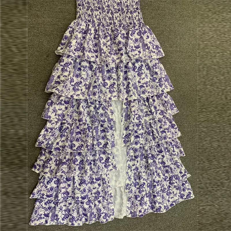 

2021 Fashion Dersign Dress Women Slash neck Pleated Cascading Ruffles Anterior Split Floral Frock Dresses