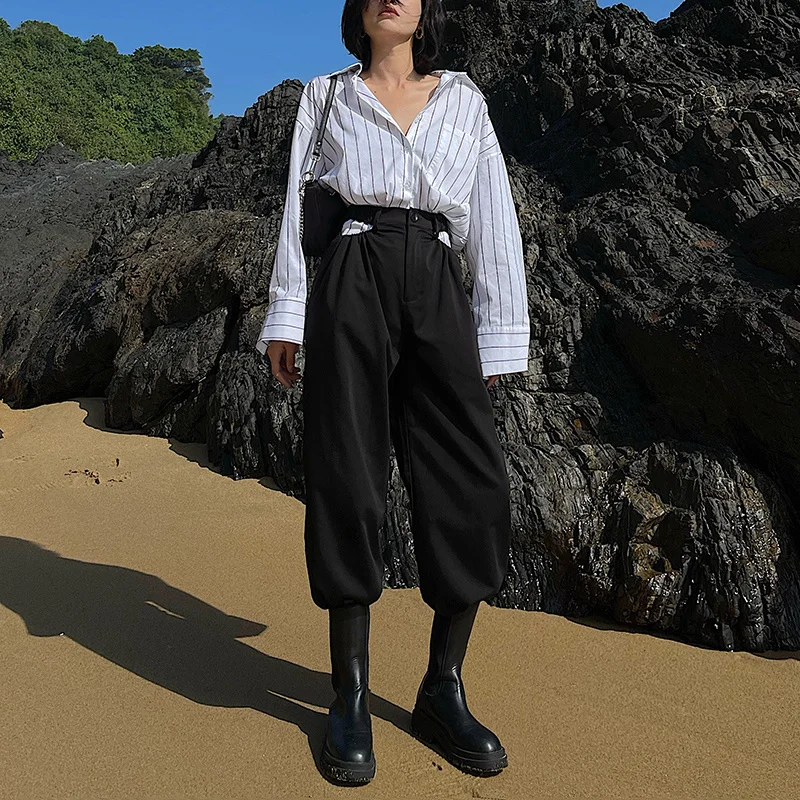 

IEQJ Loose Hollow Straight Black Mopping Trousers Casual Summer 2021 New Design Sense High Waist Drape Wide Leg Pants Women