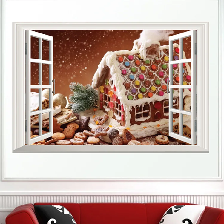 Поддельные окна пейзаж обои рождественские украшения белый снег наклейки на