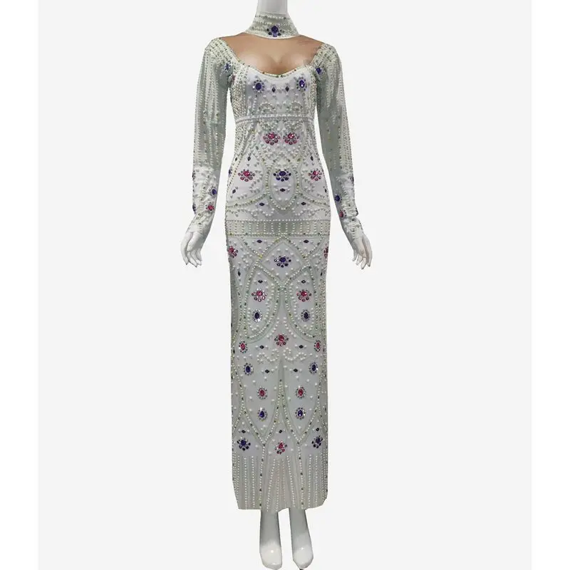 Блестящее белое длинное платье стразы с бисером и длинным рукавом Женский