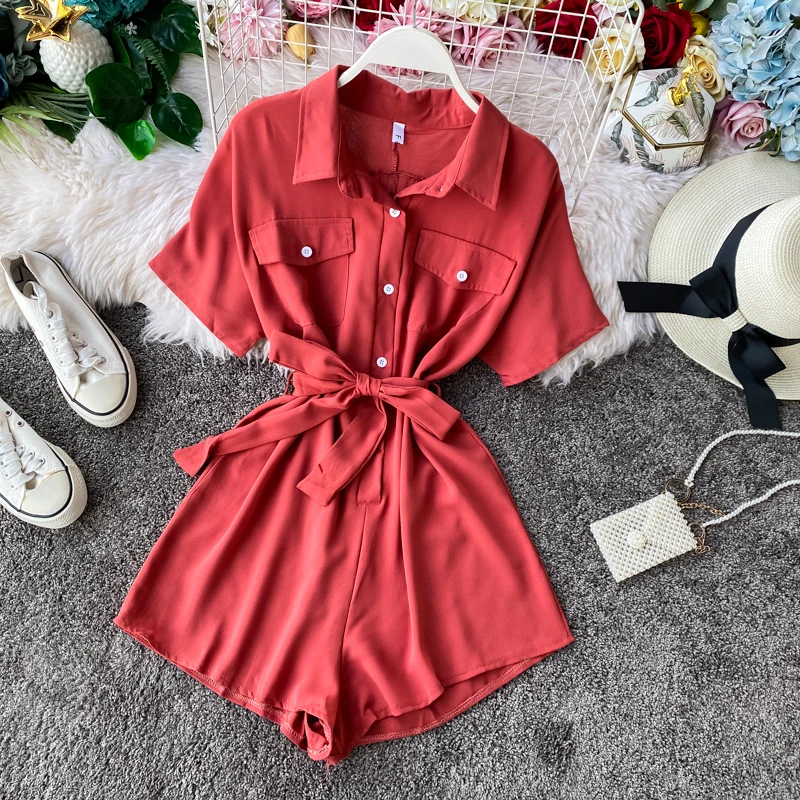 

Summer Romper 2020 New Women Short Sleeve Single Breasted Playsuits Bodysuits Woman Slim Belt Bandage Jumpsuits Body Femme