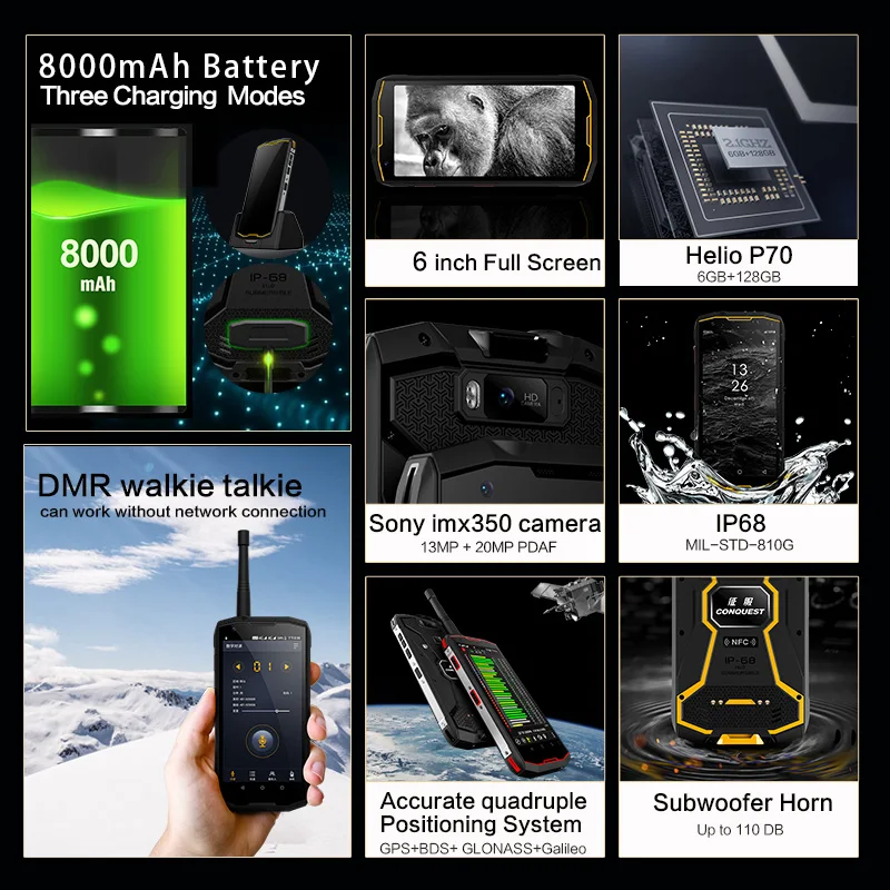 CONQUEST 8000 мАч S12 Pro IP68 водонепроницаемый прочный смартфон мобильный телефон 6 0