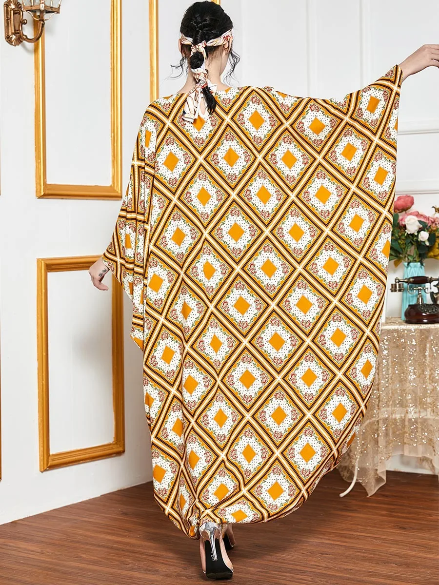 2021 Oversized Gown Dress for Women Batwing Sleeve Ethnic geometric Print Kaftan Arabic Dubai Dresses Long Muslim Clothing