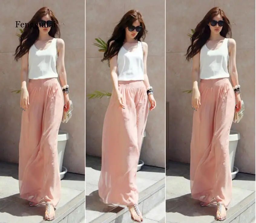 

Fengguilai Summer New High Waist Chiffon Wide Leg Pants M 5XL Women's Anti-mosquito Pants 100KG Beach Sunscreen Trousers