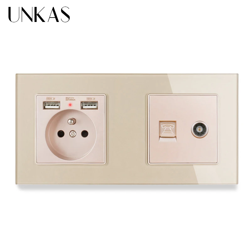 Французская стандартная электрическая розетка со стеклянной панелью UNKAS 2 USB + 1