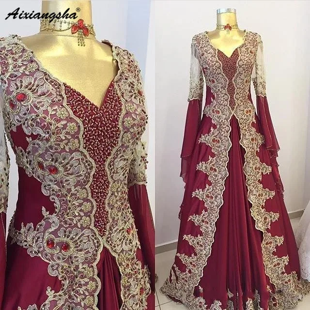 

Burgundy Muslim Evening Dresses A-line Lace Beaded Satin Islamic Dubai Kaftan Saudi Arabic Long Sleeves Prom Evening Gown