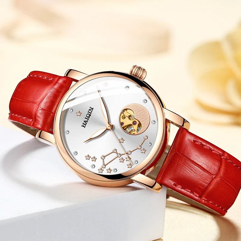 Женские автоматические механические часы HAIQIN модные из стальной сетки