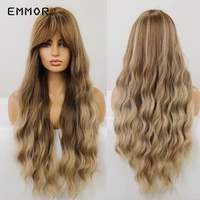emmor synthetic long body brown with blonde wave hair wig womens heat resistant wavy wigs with bangs natural heat resistant wig