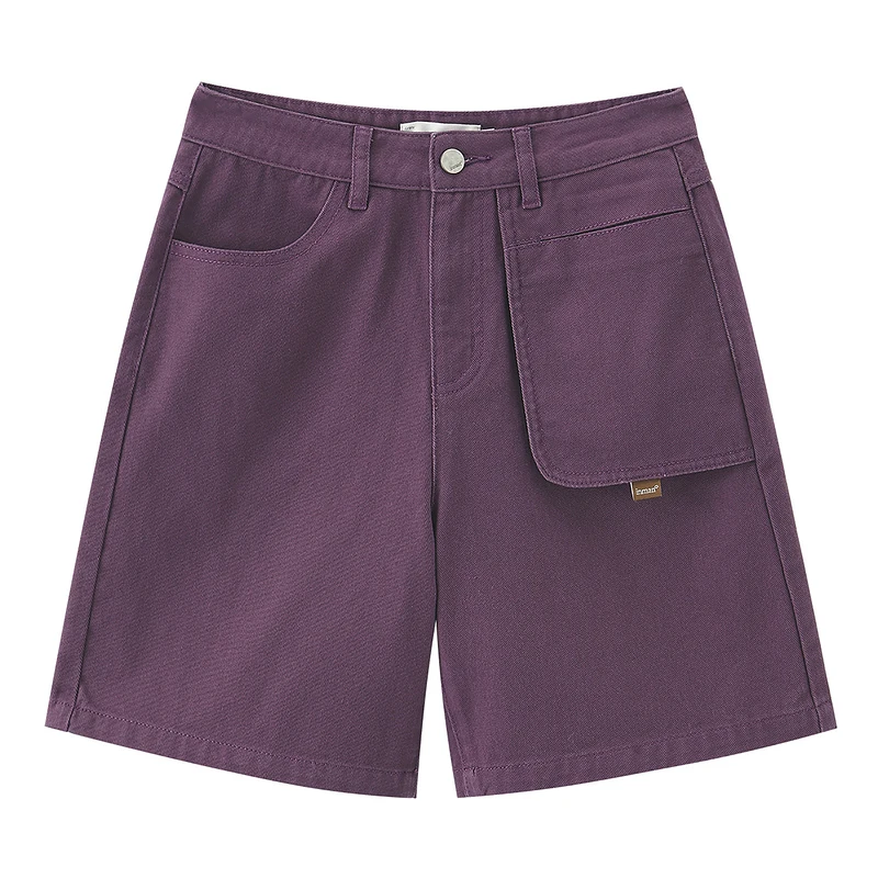 

INMAN Summer Women's Shorts Casual Retro Literary Style Creative Stitching Pocket Logo Wide Cuffs Cotton Pure Color Bottoms