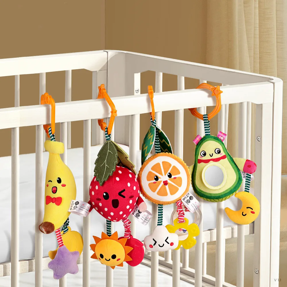 

4pcs Set Baby Stroller Toys Bed Music Bell For Newborn Cute Hanging Rattle Toy Mobile Ring Furit Bed Bell Soft Bed Pram Baby Toy