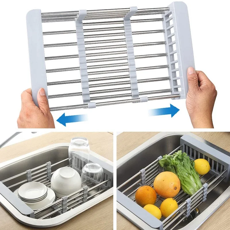 

Dish Drying Rack Over Sink Storage Stainless Steel Drainer Adjustable Arms Holder Functional Kitchen Organizer Vegetable Fruit