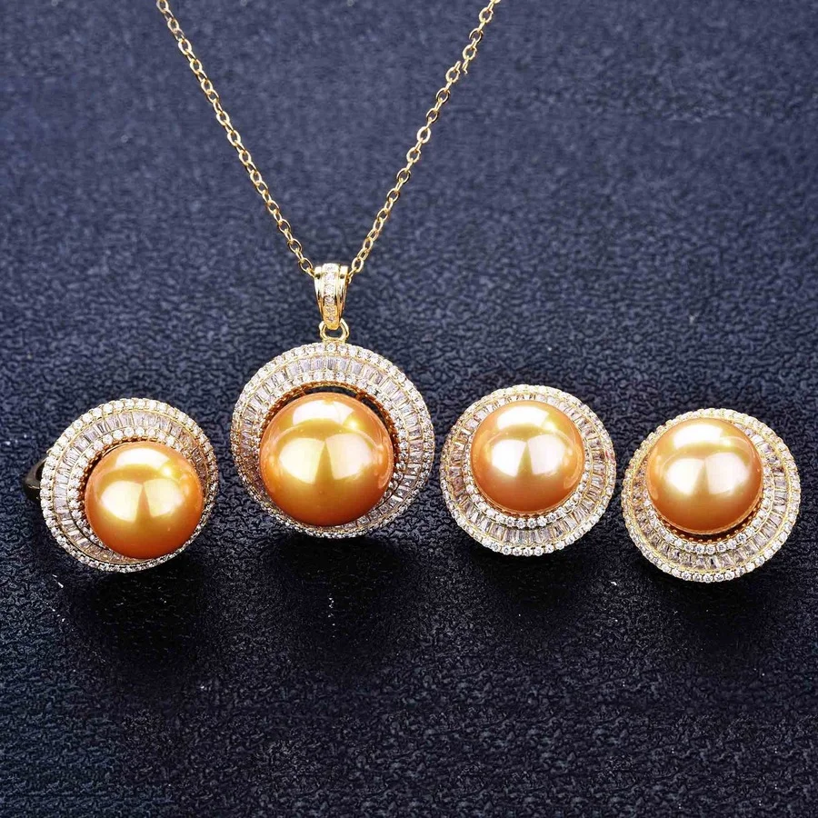 

Natural Pearl Jewelry Set Full Drill Diamond Earring Gold 14K Plated Pendant Necklace Geometric Round Pearl Ring Birthday Gift