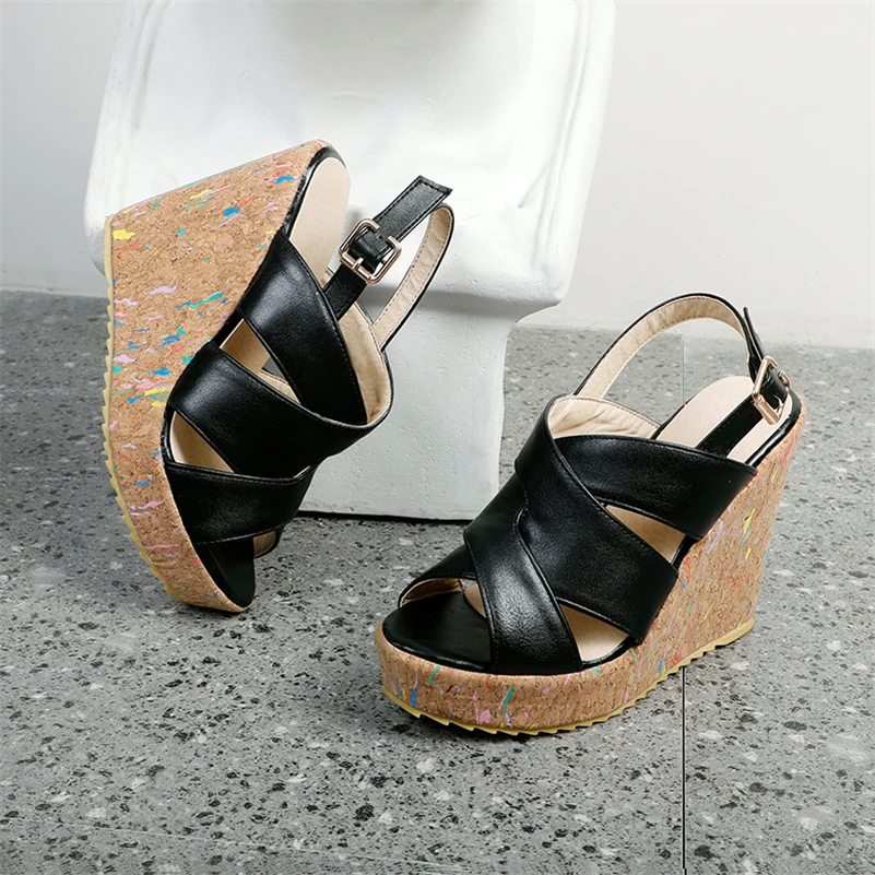 

Meotina Sandals Shoes Women Wedges High Heel Sandals Buckle Round Toe Ladies Footwear Summer White Black Size 34-43 Fashion