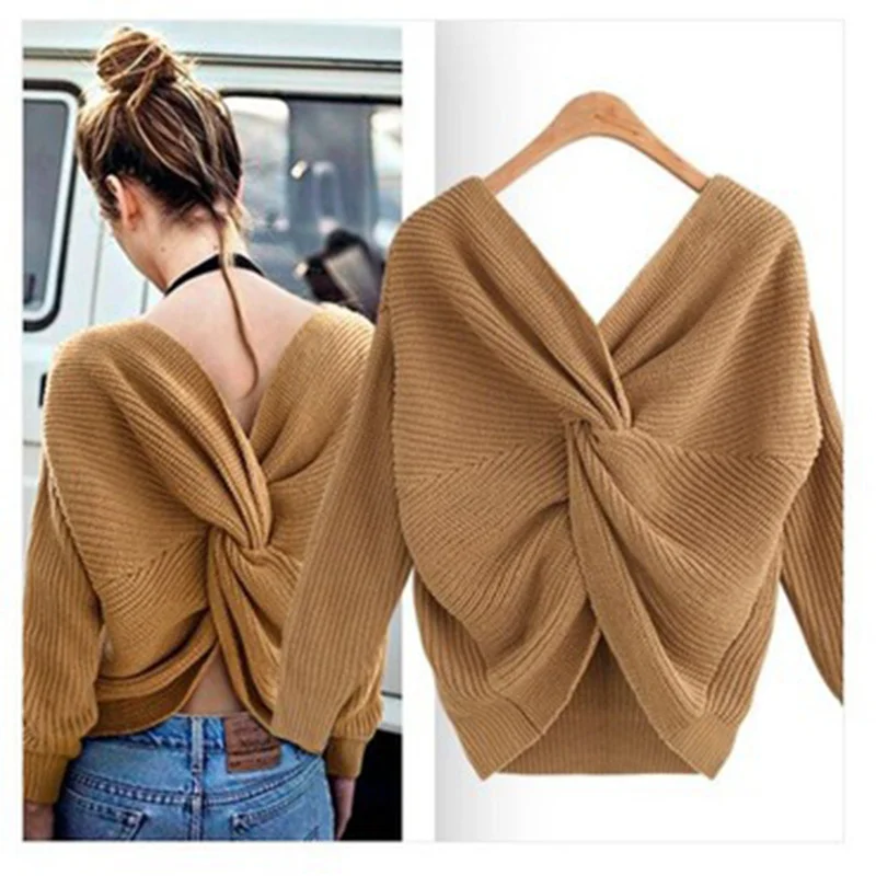 

V Neck Twisted Back Sweater for Women Criss Cross Backless Long Batwing Sleeve Loose Knitted Pullovers A66