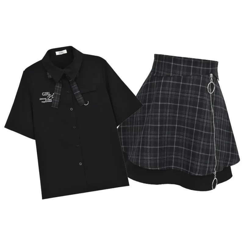 

short sets for women shirt mini plaid skirt two piece outfits 2020 summer korean fashion clothing sweatsuit matching sets