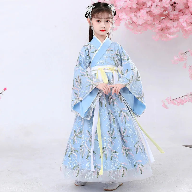 

Новинка 2021, сказочное платье Hanfu для девочек, синее платье принцессы, наряды в китайском стиле, костюм для выступлений, одежда для народных т...