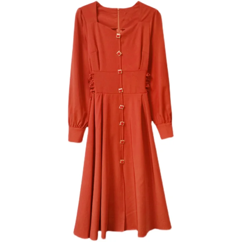

women's clothing new spring autumn fashion solid color dress square collar button long sleeve dresses