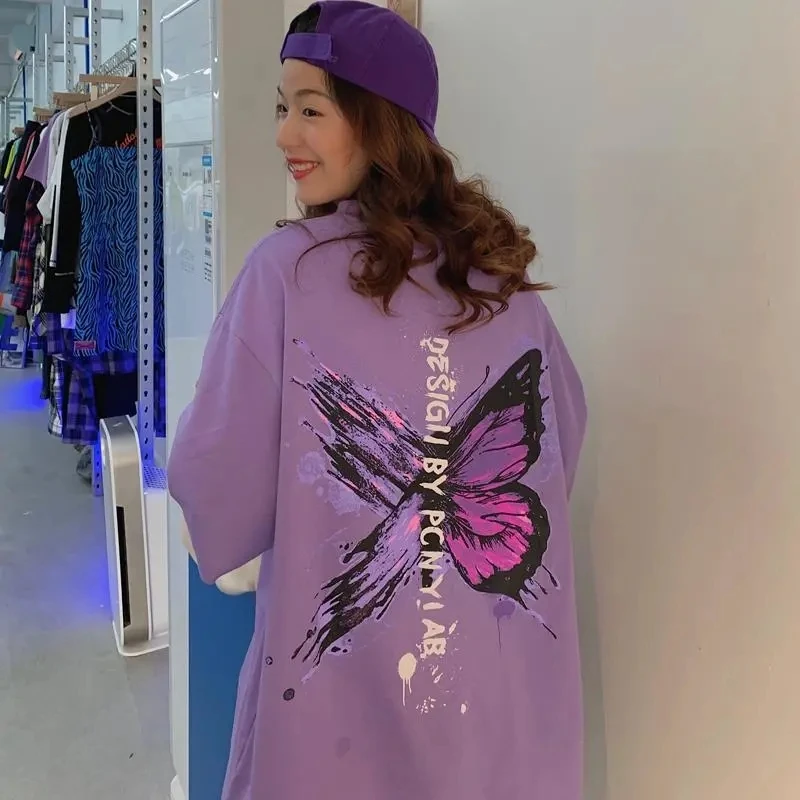 

Purple Butterfly Print T-shirt Women Loose Harajuku Tshirt Summer Oversize T Shirt Women's t-shirt short sleeve t-shirts vintage