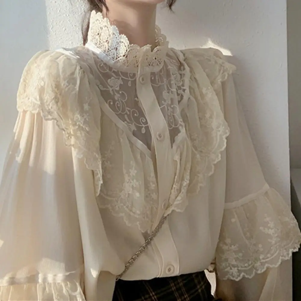 

Fashion Ruffled Autumn Lace Up Women Blouses Stand Collar Ladies Tops Vintage Lace Shirts Korean Sweet Loose Clothes Women
