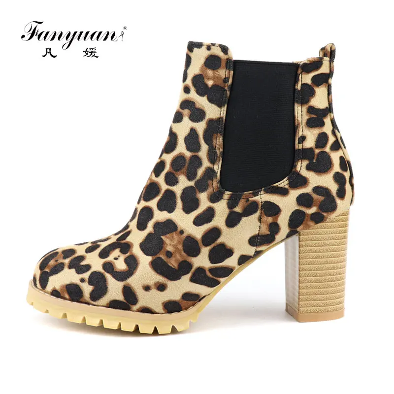 fanyuan Plus Size 34-48 Winter Add Fur Platform Booties Lady Fashion Leopard Ankle Boots Women High Chunky Heels Shoes Woman | Обувь
