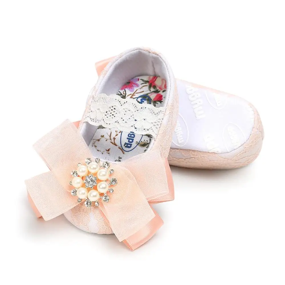 

Pearl Design Newborn Baby Prewalker Soft Bottom Anti-slip Shoes Footwear Baptism Princess Girl Crib Big Bow Shoes