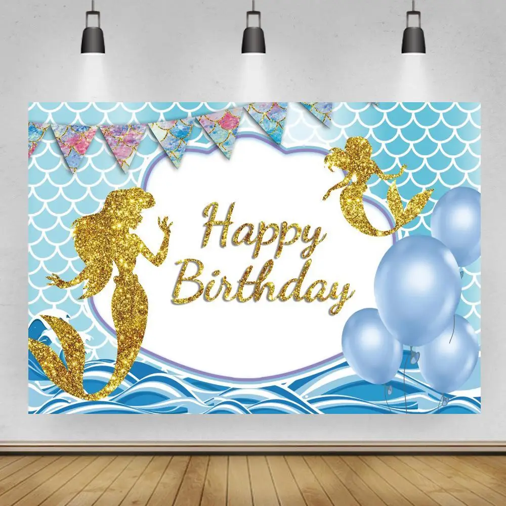 

Фон для фотосъемки с изображением золотых теней русалки принцессы девушки дня рождения синей морской рыбы Весы узорные фотофоны для торта ...
