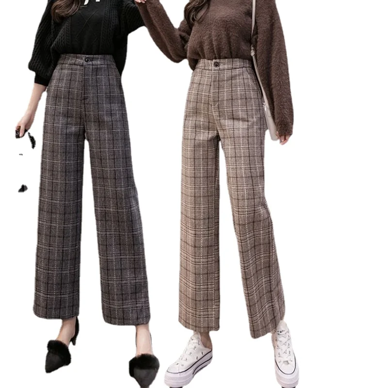 

Осень-зима 2021, шерстяные клетчатые брюки, женские эластичные брюки до щиколотки с высокой талией, женские брюки с широкими штанинами в стиле...