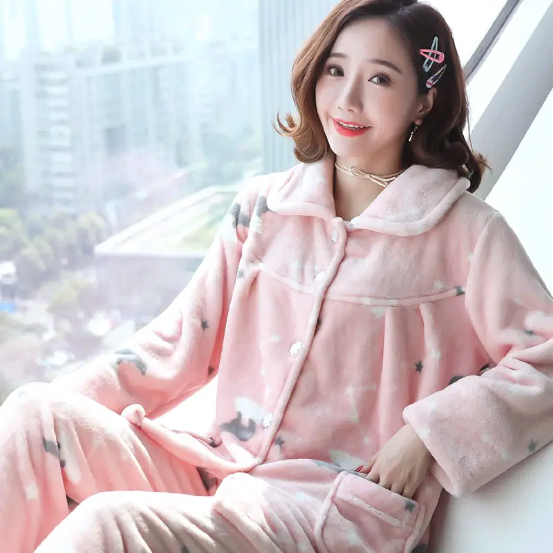 Winter Warm Flannel Women Pyjamas Sets Thick Coral Pijamas Women  fleece pajama thick flannel Long Pajamas Set for Girl