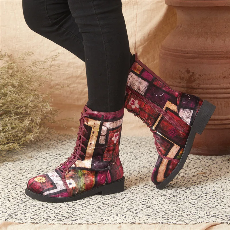 

SOCOFY Women Retro Style Boots Stitching Cloth Wearable Lace-up Zipper Casual Short Boots Shoes Casual Outdoor Botas Mujer 2020