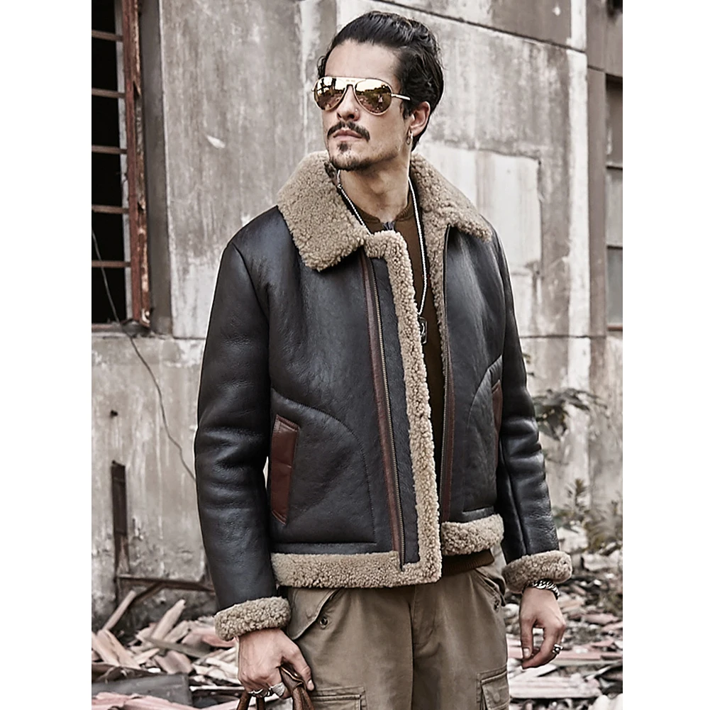 Шуба для мужчин из овечьей шерсти, черная куртка B3 "Бомбер", короткая кожа, новые зимние пальто с мехом.