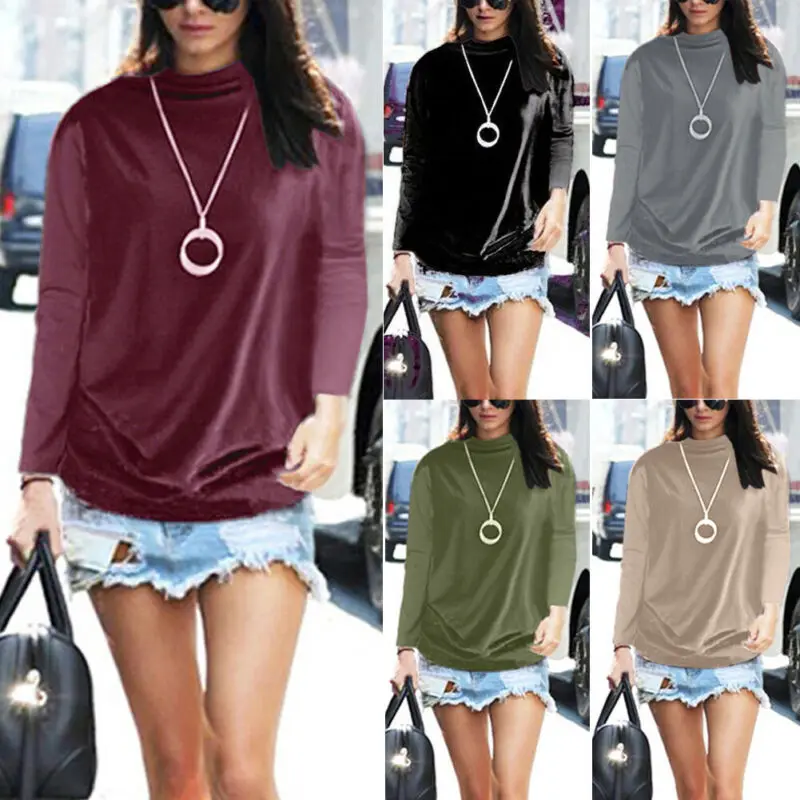 

New Women Lady Solid Turtleneck T Shirt Casual Pullover Tops Autumn Winter