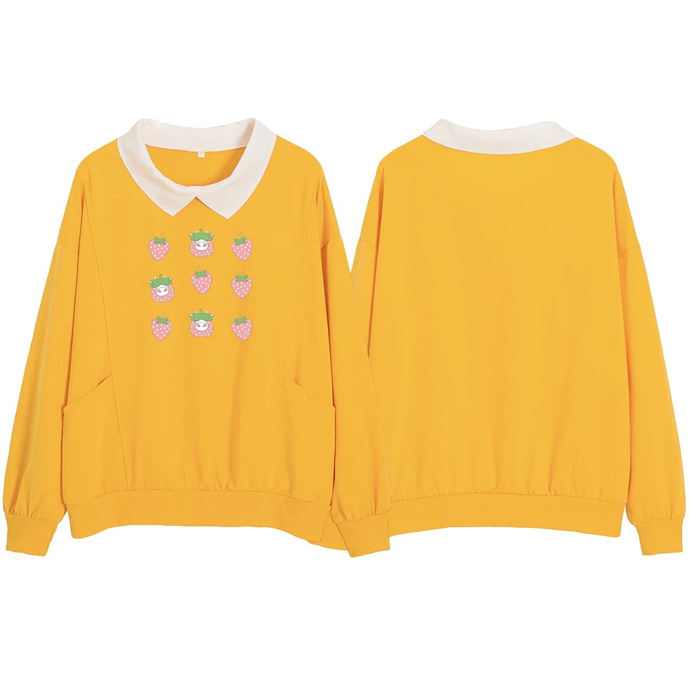 Pink Strawberry Sweatshirt 90's Aesthetic Tops Turn-down Collar Hoodies Women Cute for Friends Loose Pocket Korean Sweetshirts