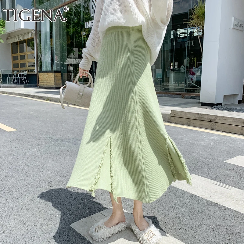 

TIGENA Fashion Green Tassel Knitted Long Skirt Women 2021 Autumn Winter Casual Solid A Line High Waist Mid-length Skirt Female