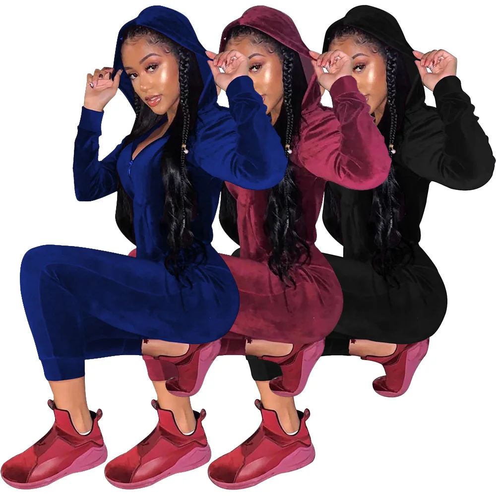 

Spring Autumn Women Velvet Tracksuit Set Casual Long Sleeve Hooded Crop Jacket and Skinny Sweatpants 2 Piece Sets Womens Outfits