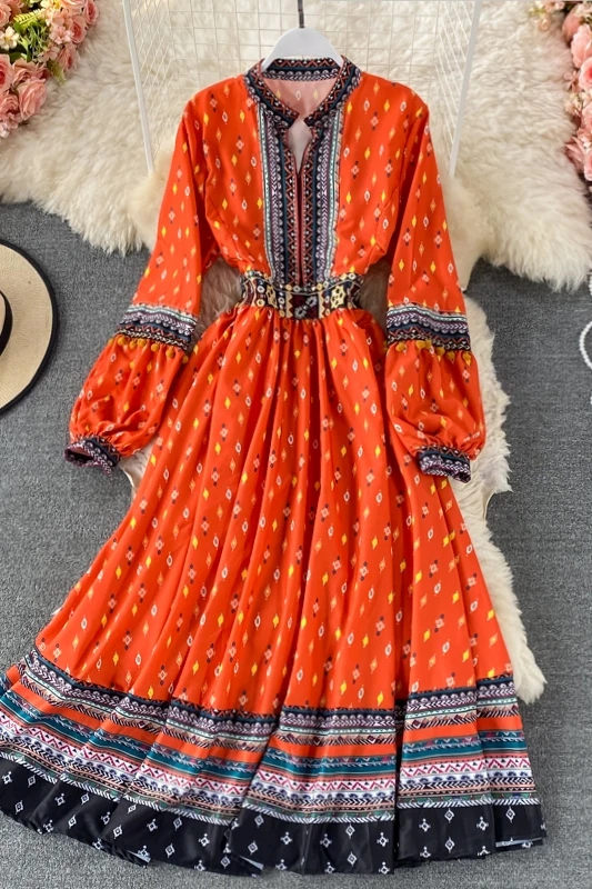 

Bohemian Vintage Print Long Sleeve A-line dress 2021 spring women's dress o-neck puff Sleeve big swing Maxi Dress Holiday Dress