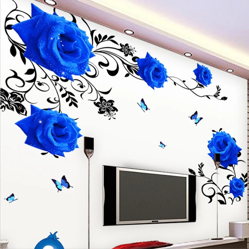 

Large Wall Stickers Blue Rose Flowers Living Room Decoration Sofa TV Entrance Background Wall Decals Removable Vinyl Posters