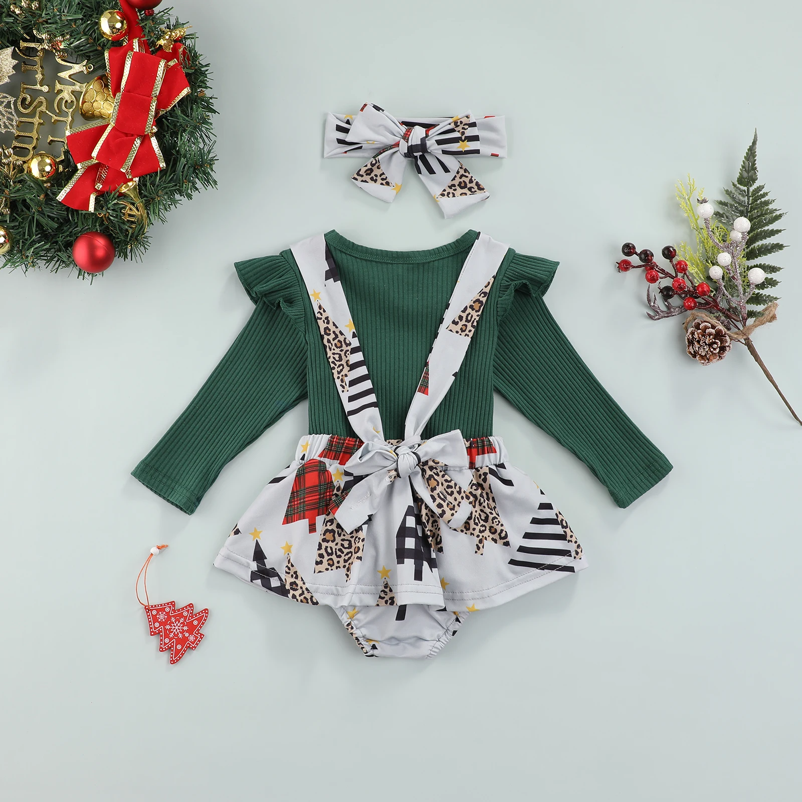 

0-18 Months 3pcs Baby Girls Christmas Outfits, Long Sleeve Rib Knit Tops + Cartoon Suspender Skirt + Headband Set