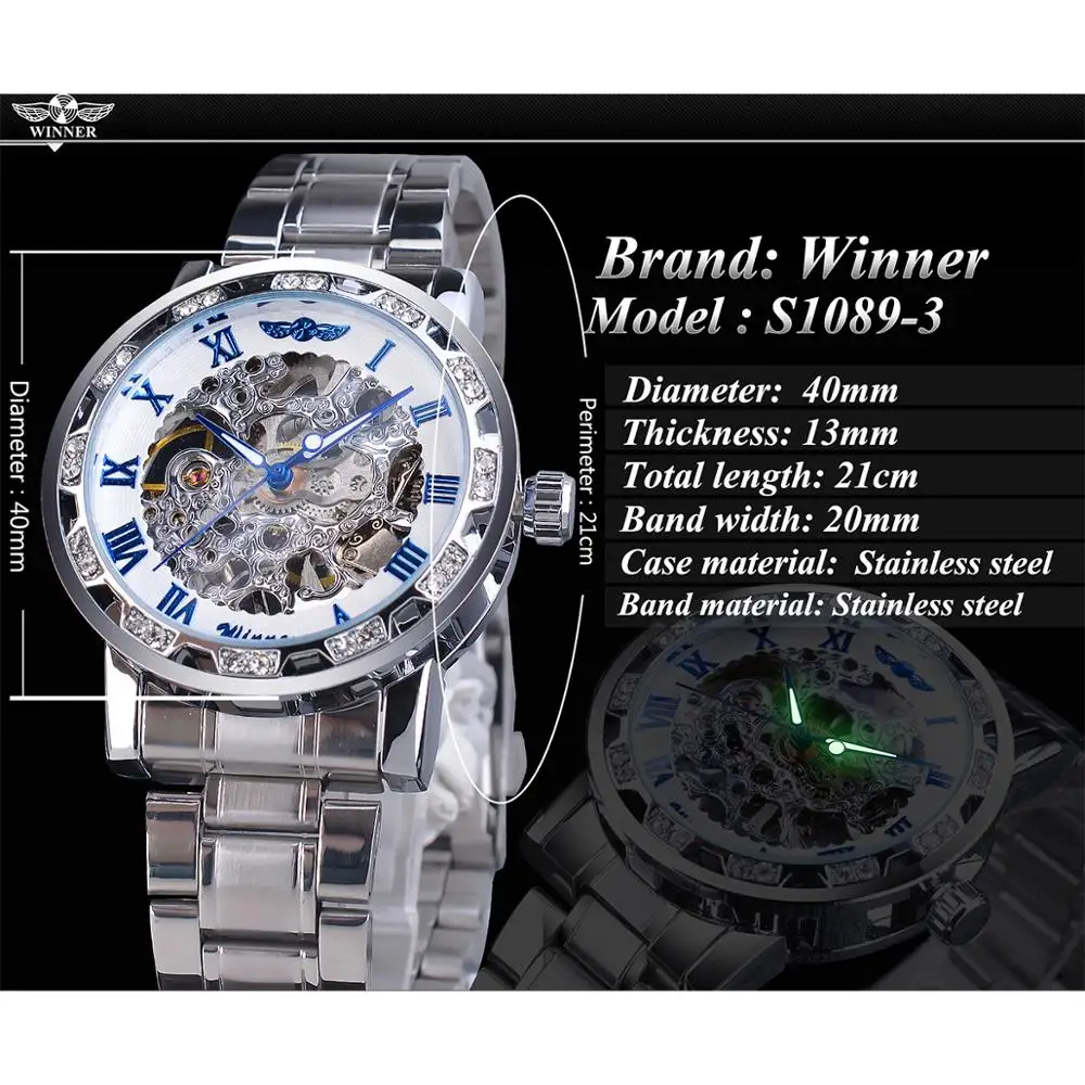 Часы Winner Skeleton Dial модные часы с бриллиантами белые серебристые спортивные из