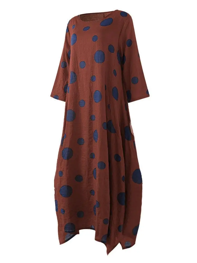 Осенне-зимние женские платья boho, хлопковое льняное платье большого размера, длинное платье макси с принтом в горошек размера плюс, Casaul Vestido