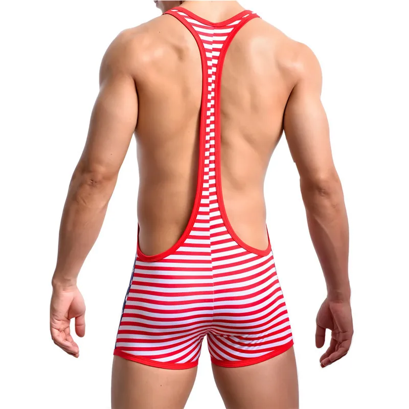 

Sexy Mens Undershirts Strip Flag Printed Underwear Bulge Pouch Boxer Shorts Sports Fitness Wrestling Singlets Bodysuits Jumpsuit