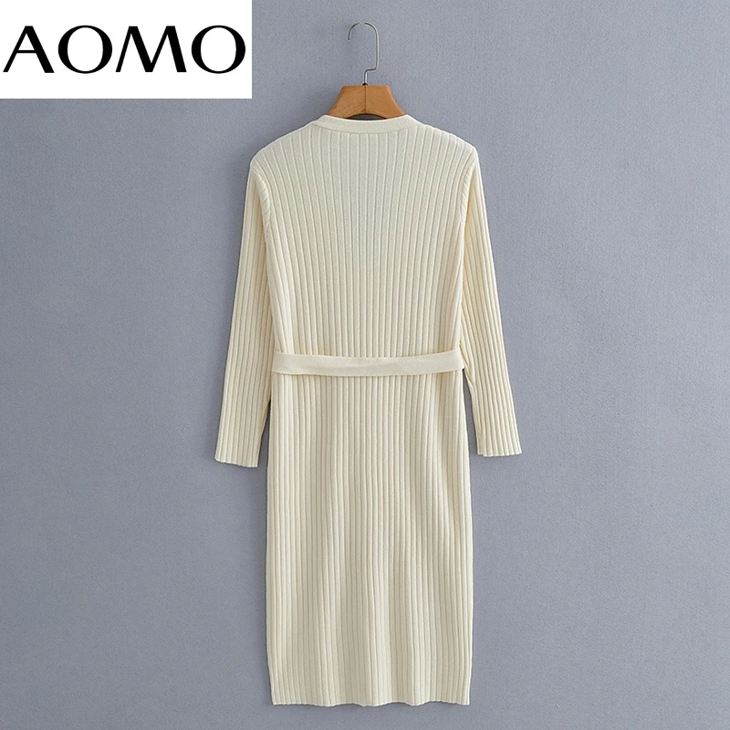 

AOMO Fashion Women Solid White Elegant Sweater Dress with Slash Long Sleeve V Neck Ladies Warm Midi Dress BC181A